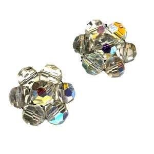 Vintage clip on earrings clear AB Austrian crystal clusters faceted shimmering
